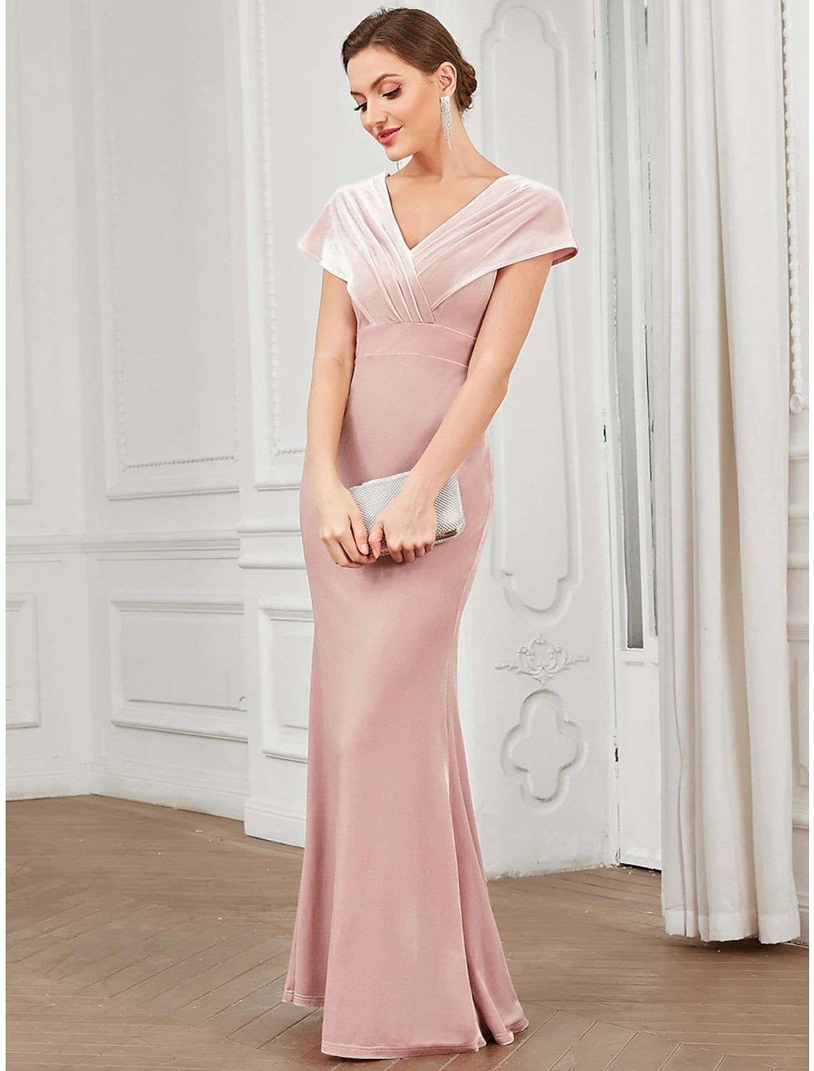 Wholesale  ermaid / Trumpet Evening Gown Vintage Dress Christmas Wedding Guest Floor Length Short Sleeve V Neck Velvet V Back with Ruffles
